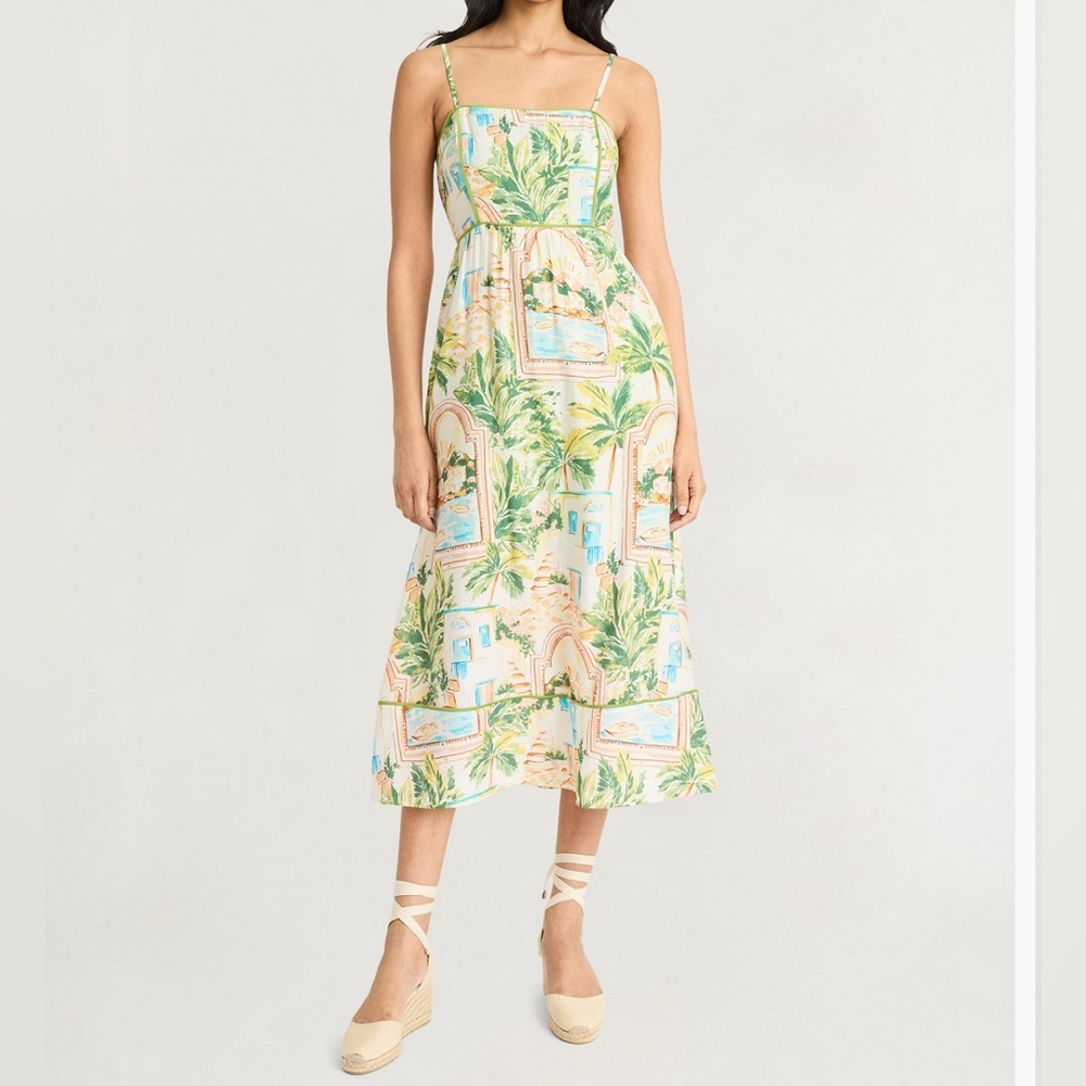 The Good Journey Piping-Trim Postcard Print Midi Dress Size 14 NWT
